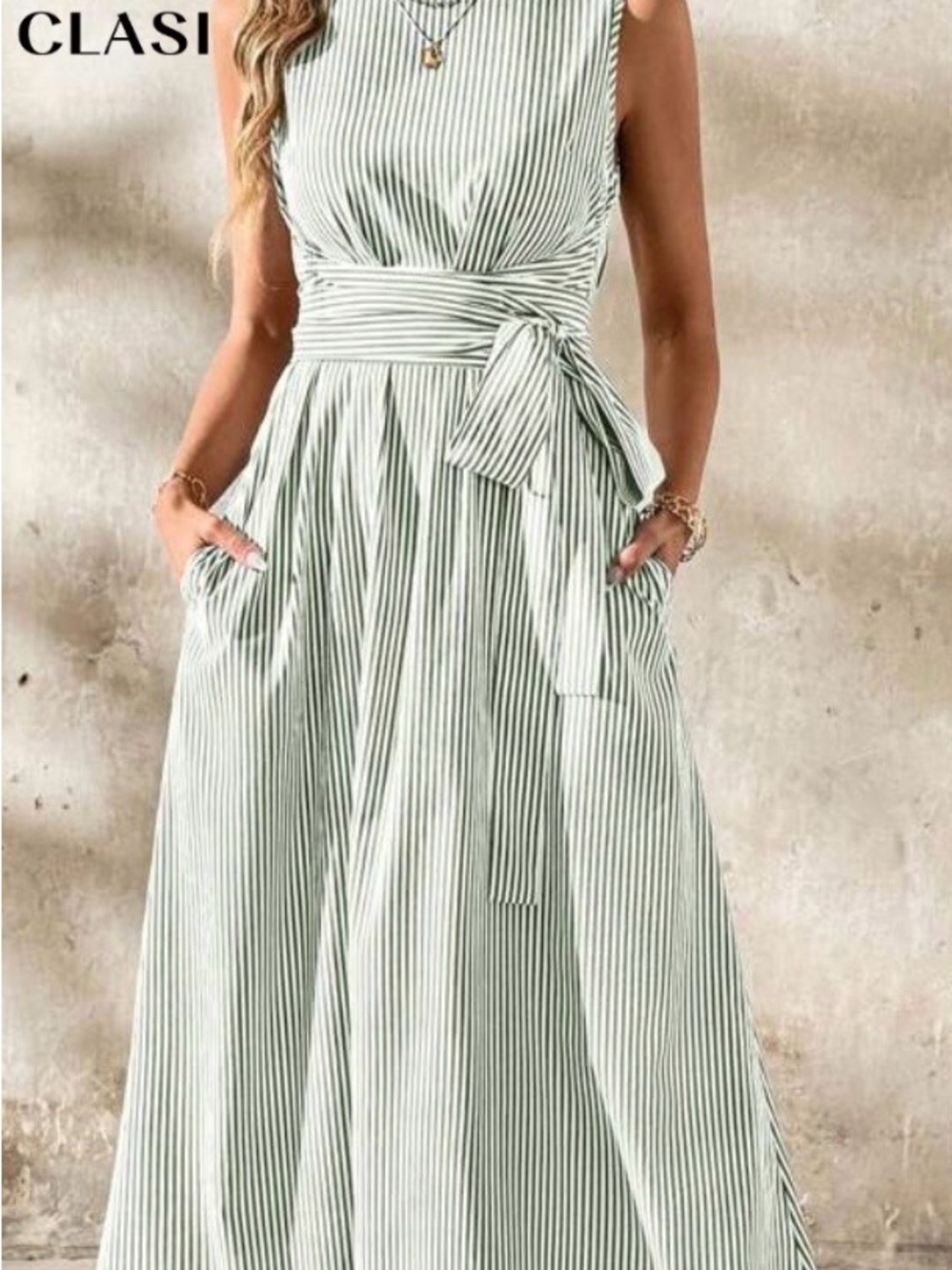 SHEIN Green and White Linen Striped Sleeveless Tie-Waist Maxi Dress